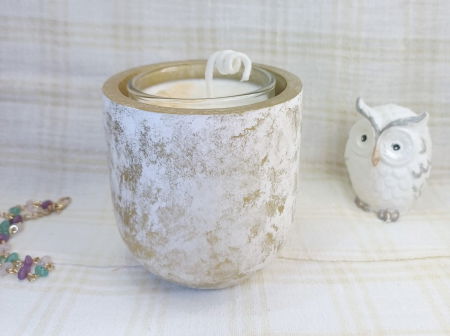 Set decorativ - lumanare in pahar de sticla si un recipient din ceramica handmade alb auriu [3]
