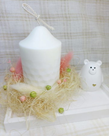 Lumanari - Set lumanare cilindrica din ceara de soia, suport - farfurie dreptunghiular din ceramica si ursulet din ceramica