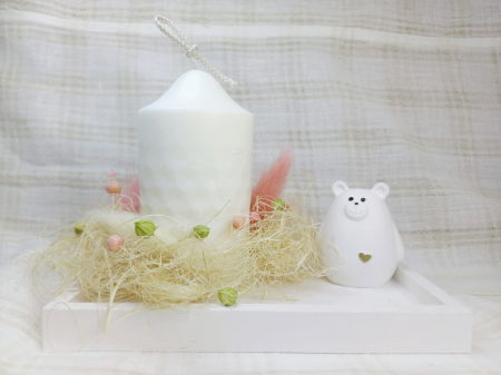 Set lumanare cilindrica din ceara de soia, suport - farfurie dreptunghiular din ceramica si ursulet din ceramica [1]