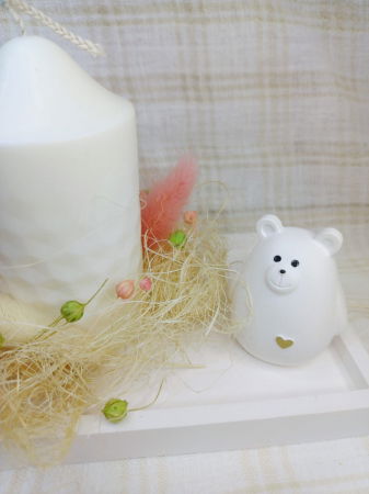 Set lumanare cilindrica din ceara de soia, suport - farfurie dreptunghiular din ceramica si ursulet din ceramica [2]