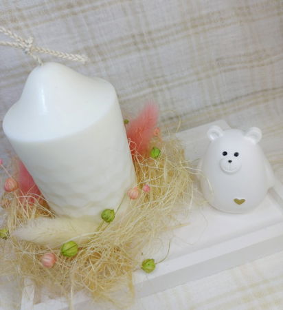 Set lumanare cilindrica din ceara de soia, suport - farfurie dreptunghiular din ceramica si ursulet din ceramica [4]