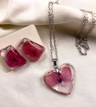 Cercei handmade - Set lanțisor și cercei  'hortensie roz'