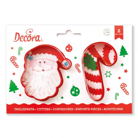 Decupatoare - Biscuiti sau Decoruri Craciun - Decupatoare Plastic Mos Craciun, Candy Cane Ø 8.5 x H 2 cm, Set 2 Buc