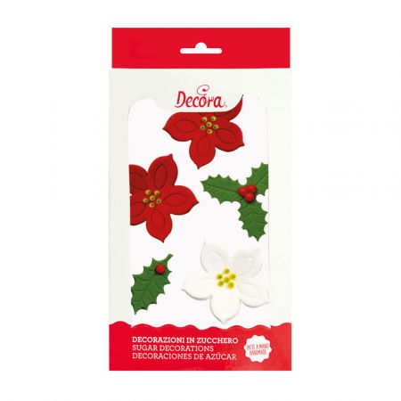 Decoratiuni Comestibile, Decor Tort - Decor Zahar - Floare de Craciun si Illex, Ø 3 - 4 cm, 6 buc