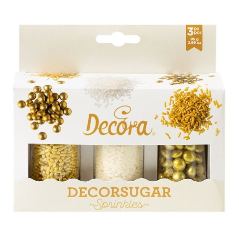 Decoratiuni Comestibile, Decor Tort - Decor Zahar Mixt Alb & Auriu Sprinkles Ø 2 - 10 mm, 85 gr