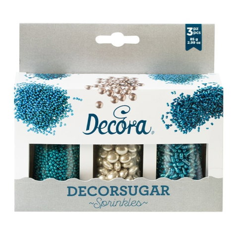 Decoratiuni Comestibile, Decor Tort - Decor Zahar Mixt Argintiu & Bleu Sprinkles Ø 2 - 10 mm, 85 gr