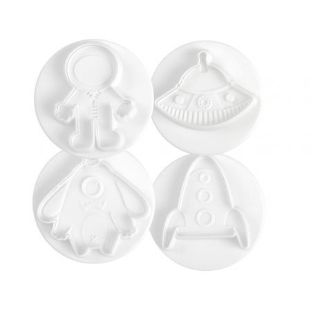 Cofetarie - Ustensile - Spatiul Cosmic - Decupatoare Plastic cu Extractor Ø 6 cm, Set 4 Buc