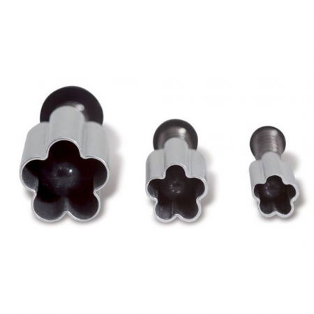 Ustensile Decor Pasta de Zahar - Flori Mici - Decupatoare Inox cu Extractor Ø 0.7 - 1.3 cm, Set 3 Buc