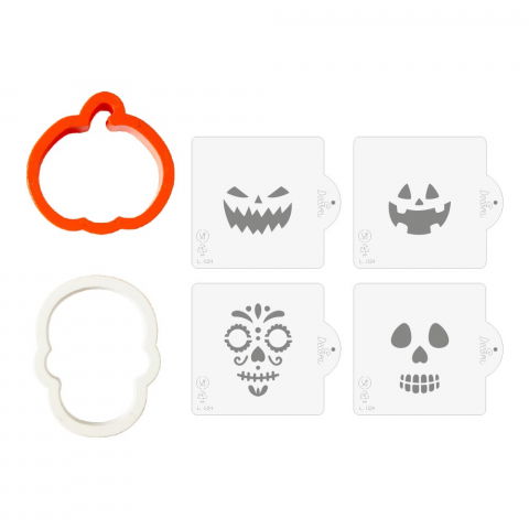 Decupatoare Plastic Halloween - Dovleac si Craniu 6 - 7.2 x 7 - 8 x H 2.2 cm + 4 Sabloane [3]