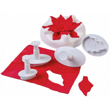 Ustensile Decor Pasta de Zahar - Floare de Craciun - Decupatoare Plastic cu Extractor Ø 3.2 - 6 cm, Set 4 Buc