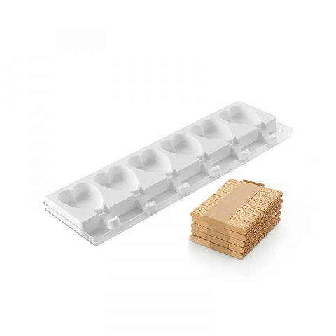 Cofetarie - Ustensile - Forma Silicon Inghetata Mini Heart-IC, 2 forme x 6 cav. 5.5 x 6.8 x H 1.8 cm, 45 ml, 50 bastonase