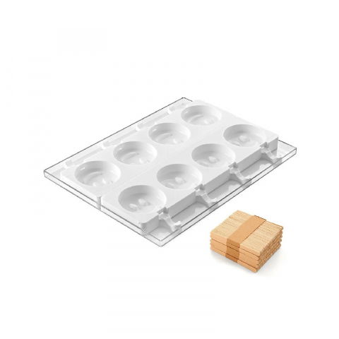 Cofetarie - Ustensile - Forma Silicon Inghetata Mr. Funny, 2 forme silicon x 4 cav. Ø 8.3 x H 2.25 cm, 100 ml, 50 bastonase