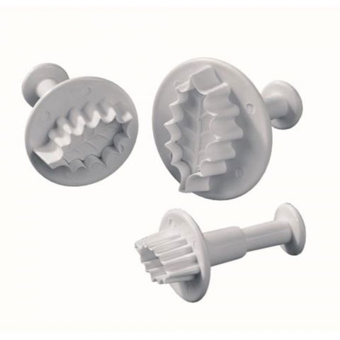 Ustensile Decor Pasta de Zahar - Frunze Ilex 1 Petala - Decupatoare Plastic cu Extractor Ø 2, 3 si 3.5 cm, Set 3 Buc