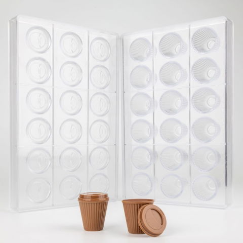 Ciocolaterie - Matrite, Ustensile - Matrita Policarbonat 18 Praline Pahare + Capac, Ø 3.5 x H 3.5 - 0.6 cm, 5-8 gr, Set 2 buc