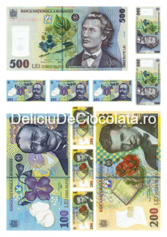 Decoratiuni Comestibile, Decor Tort - Pasta Zahar imprimata Diverse Model 5, Bancnote Leu 11 Decoruri Ø 4.5 - 15 cm, A4