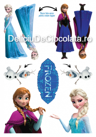 Decoratiuni Comestibile, Decor Tort - Pasta Zahar imprimata Frozen Model 1, 9 Decoruri fata-verso Topper Ø 7 - 12 cm, A4