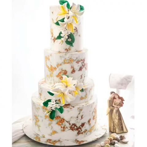 Decoratiuni Comestibile, Decor Tort - Pasta Zahar imprimata, Nunta Model Marmorat Alb si Auriu, 60x41 cm, Set 4 Buc