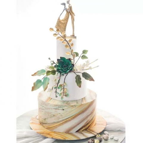 Decoratiuni Comestibile, Decor Tort - Pasta Zahar imprimata, Nunta Model Marmorat Auriu 60x41 cm, Set 4 Buc