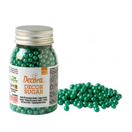 Decoratiuni Comestibile, Decor Tort - Perle Zahar Verde Metalizat Ø 5mm, 100 gr