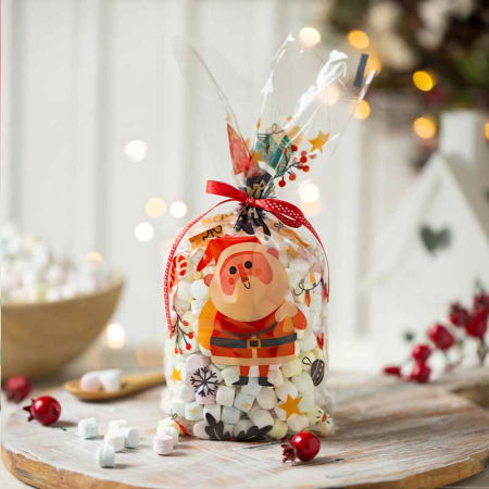 Ambalaje, Etichete, Suporturi - Pungi S cu Baza, Celofan cu Model Craciun Fericit, 12.5 x 3 x H 24 cm, Set 20 Buc 