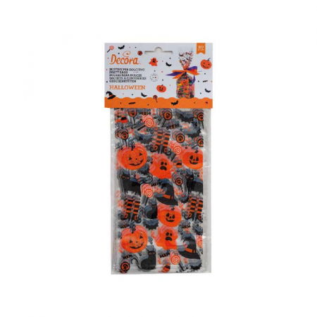 Pungi si Clipsuri Inchidere Pungi - Pungi S cu Baza, Celofan cu Model Haloween, 12.5 x 3 x H 24 cm, Set 20 Buc 