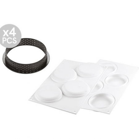 Forme de Silicon Cofetarie - Set Tarte Ø 10 cm, 4 Rame Microforate + Forma Silicon 4 cavitati