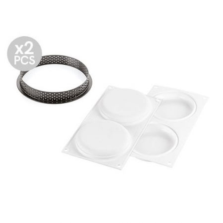 Forme de Silicon Cofetarie - Set Tarte Ø 12 cm, 4 Rame Microforate + 2 Forme Silicon 2 cavitati