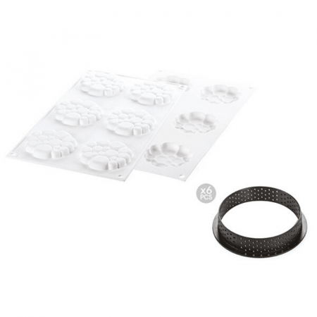 Forme de Silicon Cofetarie - Set Tarte Ø 8 cm Paradis, 6 Rame Microforate + Forma Silicon 6 cavitati