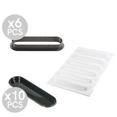 Forme de Silicon Cofetarie - Set Tarte 14.6 x 3.5 cm, 6 Rame Microforate + Forma Silicon 6 cavitati
