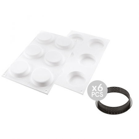 Forme de Silicon Cofetarie - Set Tarte Ø 7 cm Klassik, 6 rame Microforate + Forma Silicon 6 cavitati