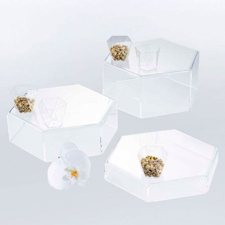 Suporturi Bufet, Candy Bar - Suport Bufet Plexiglas Transparent Hexagon Mosaic kit 3 buc Ø 24 x H 4.6, 8.5, 12.5 cm
