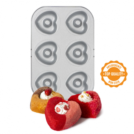 Cofetarie - Ustensile - Tava 6 Cavitati Forme Inimioare Ø 7.5 x H 2.3 cm, Otel Antiaderent