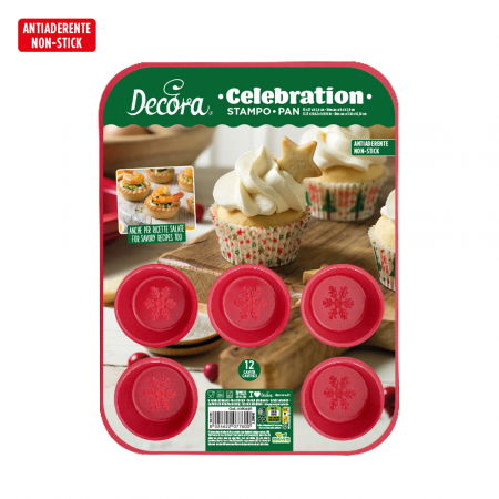 Forme, Tavi Coacere - Tava Muffins Celebration Rosu Ø 8 x H 2.9 cm, 12 cavitati, Metal Antiaderent