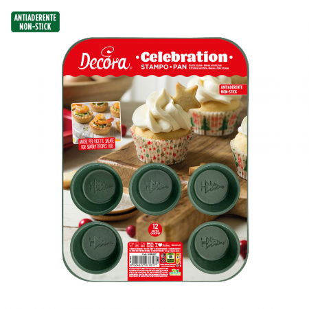 Forme, Tavi Coacere - Tava Muffins Celebration Verde Ø 8 x H 2.9 cm, 12 cavitati, Metal Antiaderent