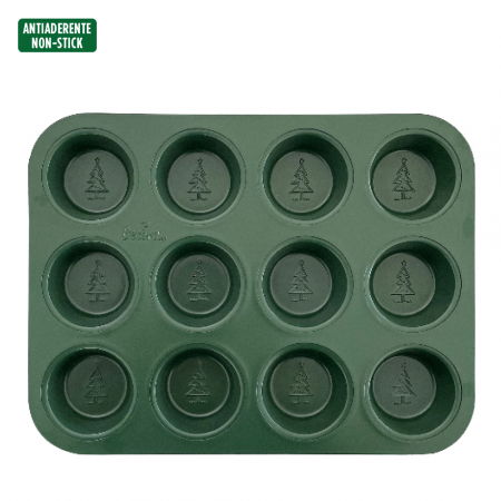Forme, Tavi Coacere - Tava Muffins Celebration Verde Ø 8 x H 2.9 cm, 12 cavitati, Metal Antiaderent