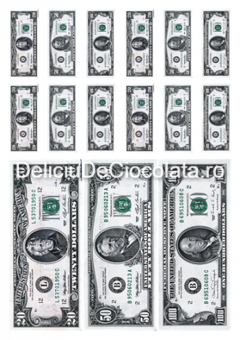 Decoratiuni Comestibile, Decor Tort - Vafa imprimata Diverse Model 4, Bancnote Dolar 15 Decoruri Ø 6 - 15 cm, A4