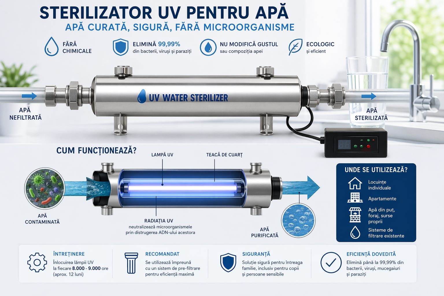 Sterilizatoare UV pentru apă – tipuri, funcționare și criterii de selecție pentru uz casnic