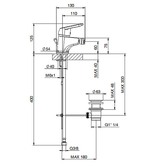 BATERIE MONOCOMANDA BIDEU TIEMME D02 DELTA CU VENTIL POP-UP CROM [2]