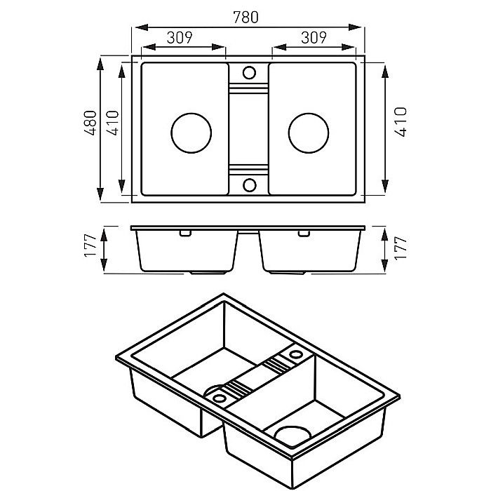 CHIUVETA GRANIT FERRO DRGM2/48/78BA CU DOUA CUVE 78X48CM GRAFIT MEZZO NEAGRA [2]