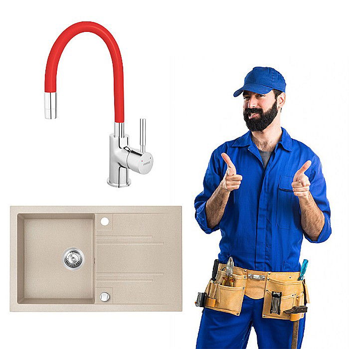 Pachet CHIUVETA GRANIT FERRO DRGM48/78SA CU O CUVA SI PICURATOR 78X48CM NISIP MEZZO BEJ CU BATERIE BUCATARIE FERRO CADOU [1]