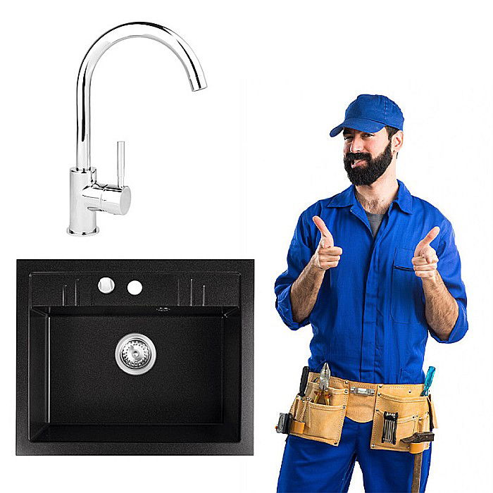 Pachet CHIUVETA GRANIT FERRO DRGM1/48/58BA CU O CUVA 58X48CM GRAFIT MEZZO NEAGRA CU BATERIE BUCATARIE FERRO CADOU [1]