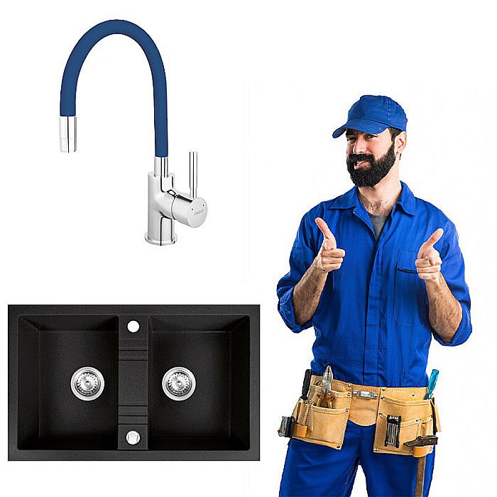 Pachet CHIUVETA GRANIT FERRO DRGM2/48/78BA CU DOUA CUVE 78X48CM GRAFIT MEZZO NEAGRA CU BATERIE BUCATARIE FERRO CADOU [1]