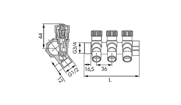 DISTRIBUITOR 3 CAI 3/4X1/2 UNGHI PENTRU APA CALDA SI APA RECE RDW200 FERRO [2]