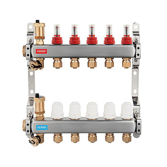 DISTRIBUITOR COLECTOR 10 CAI FERRO SN-RZP10S INOX 1" CU DEBITMETRE RACORD 16X2MM [1]