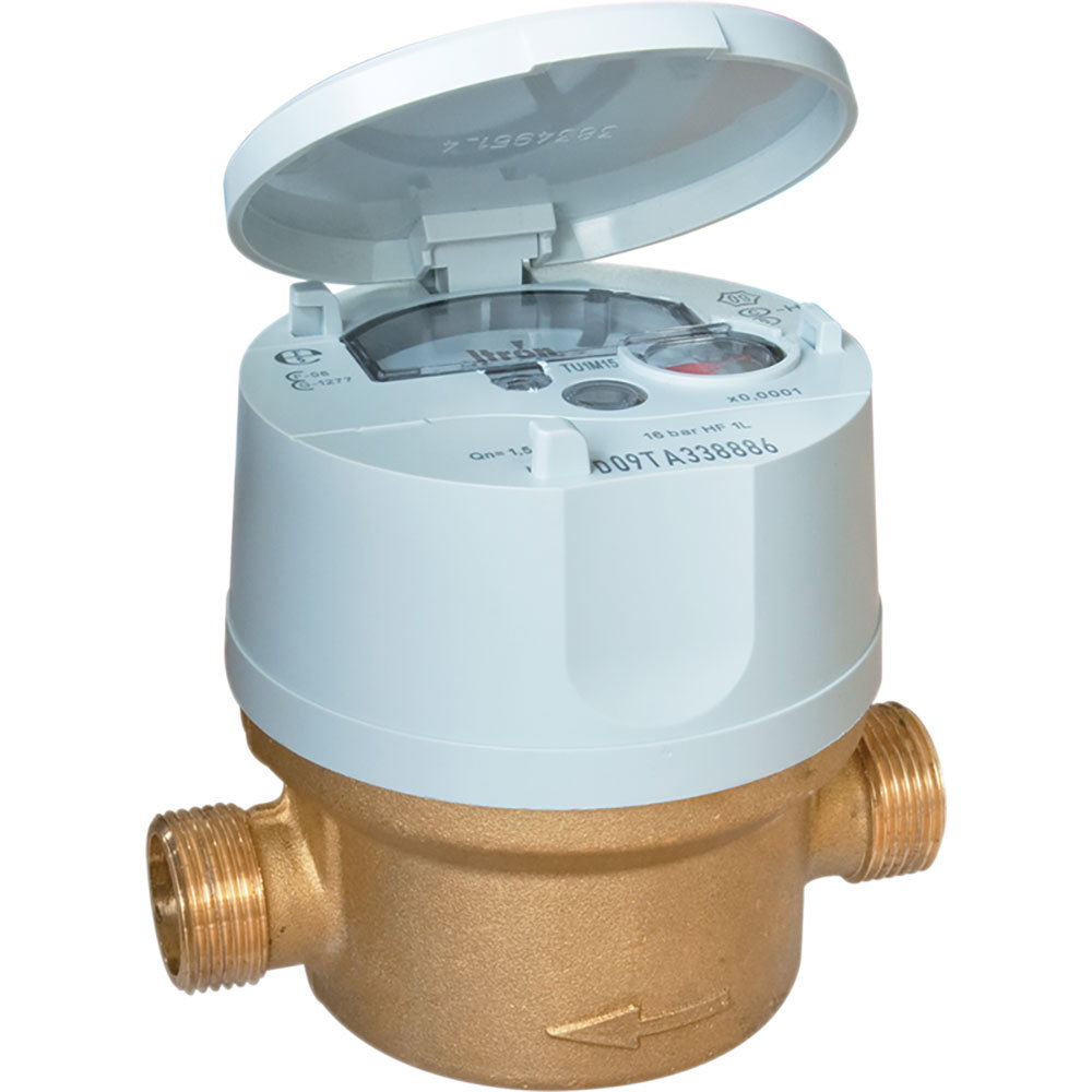 Apometru Itron Flodis DN20 pentru apa rece, Q3 4,0 m3/h, R160, lungime 130/190 mm - vedere produs | Apometru Itron Flodis DN20 pentru apa rece, Q3 4,0 m3/h, R160, lungime 130/190 mm - schita dimensiuni 92 x 130/190 x 123 mm [1]