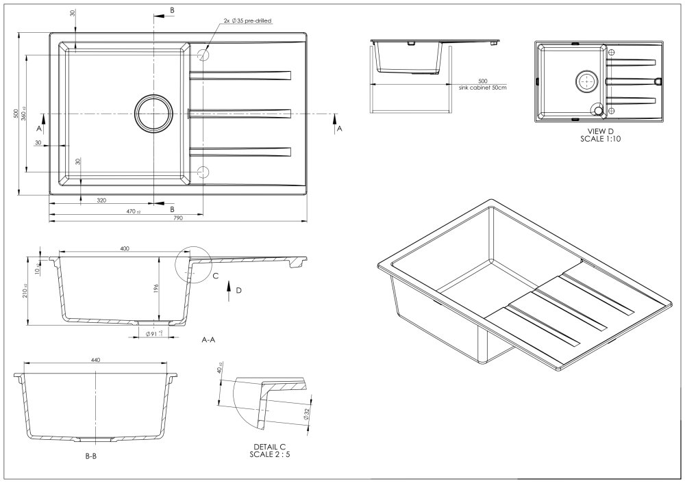 Chiuveta granit SanDonna Paullina 790 Negru, 790x500x210 mm - imagine oficiala 1 [2]