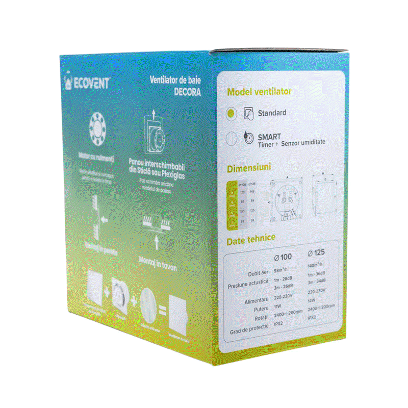 Ventilator baie Ecovent DECORA Ø100 Silent, senzor umiditate, timer, clapetă antiretur, 93 m³/h, argintiu satinat [5]