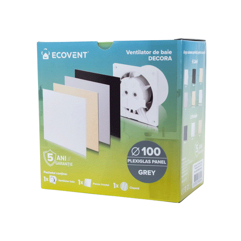 Ventilator baie Ecovent DECORA Ø100 Silent, senzor umiditate, timer, clapetă antiretur, 93 m³/h, gri [4]