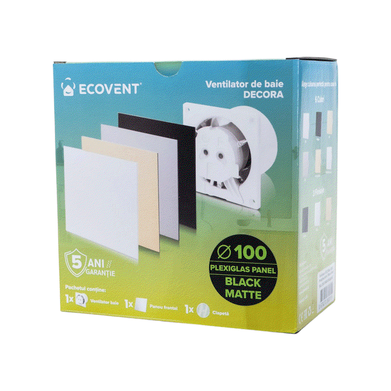 Ventilator baie Ecovent DECORA Ø100 Silent, senzor umiditate, timer, clapetă antiretur, 93 m³/h, negru mat [4]