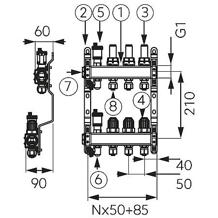DISTRIBUITOR COLECTOR 6 CAI FERRO SN-RZP06S INOX 1" CU DEBITMETRE RACORD 16X2MM [1]